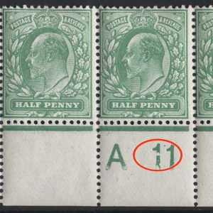 #476 GB 1911 ½d dull green, perf 14 A11 corner strip of 3 perf H2A, stamps um