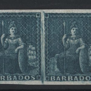 #033 Barbados 1852 (no value) deep blue, blued paper sg5a vf mint imperf pair c£56