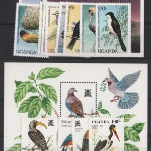 #980 Uganda 1987 Birds set of 8 + 2x m/sheets um sg587-595 + 1982 set + m/sheet sg378-382