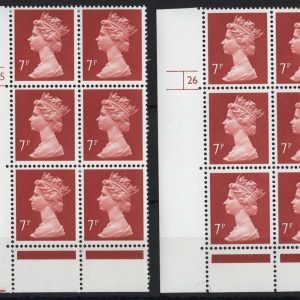 #825 GB Machin cyl blocks  7p Indian red PCP/PVAD cyl 25 no dot, ditto cyl 26 no dot