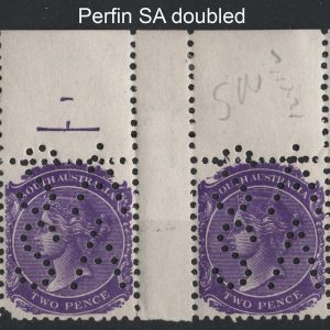 #956 South Australia 1876 2d bright violet perf 12x11½ sg180 gutter strip of 4 perfined SA twice ERROR