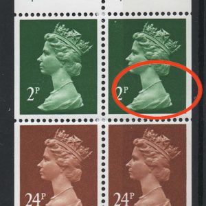 #756 GB 1991 Machin Gravure 2p/24p bklt pane  with r1/2 scratch on neck variety um