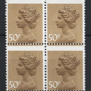 #720 GB 1983 Machin 50p ochre fine um misperf block of 4