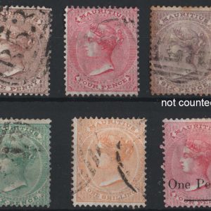 #904 Mauritius 1863 Wmk CC perf 14 1d purple brown, 4d rose, 6d blue-green, 1s yellow fu-vfu  +++