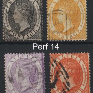 #965 St Lucia 1864 1d black (nibbled perf), 4d yellow, 6d pale lilac, 1s deep orange wmk crown/CC