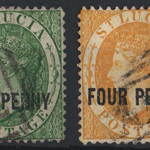 #966 St Lucia 1881 ½d green & 4d yellow wmk CA sg25, 27 vfu, neat A11 numeral c£75