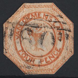 #973 Tasmania 1853 4d plate 2 yellowish-orange sg12 cut to shape, neatly used c£375