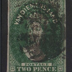 #974 Tasmania 1855 2d deep green wmk large star sg15 imperf vgu, tight-good margins c£550