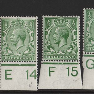 #501 GB 1912 ½d green control singles: C13, C14, D14P, E14P, F15, G15, J17, P20P, V23 fm