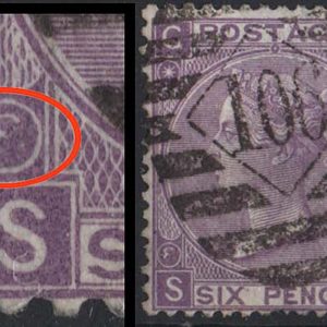 #353 GB 1867 6d mauve plate 8 lettered 'S.G' with damaged left plate number