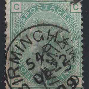 #388 GB 1873 1s green plate 13 vgu, odd nibbled perf, etc sg150 c£75