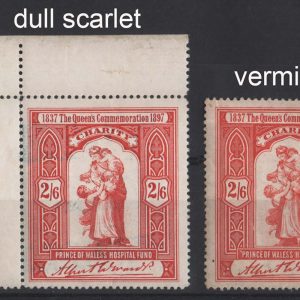 #435 GB 1897 Prince of Wales Hospital Fund 2/6d Label dull scarlet um, ditto in vermilion shade