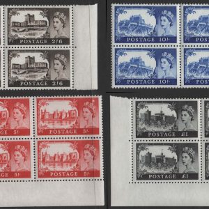 #688 GB 1967 Castles Bradbury no wmk set of 4, 2/6d - £1 in um blks of 4
