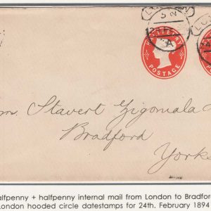 #434 GB 1892  ½d + ½d orange stamped to private order envelope vfu London to Bradford