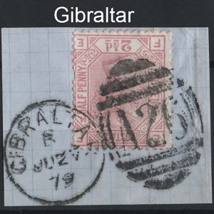 #379 GB 1873 2½d rosy-mauve plate 14 vgu, on piece, complete Gibraltar A26 duplex sg141