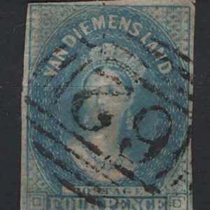 #975 Tasmania 1856 4d blue no wmk fu 3¼ margins sg22 c£140
