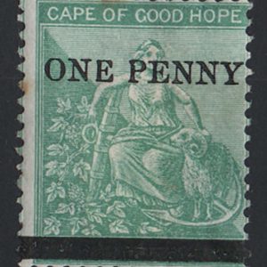#098 Cape of Good Hope 1874 1d on 1s green sg33, mint, heavy mount, tiny fox spot, otherwise nice c£150