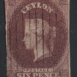 #109 Ceylon 1857 6d purple-brown vfu imperf 4 margins, corner wmk lines sg6 c£160