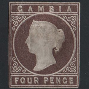 #138 Gambia 1869 4d brown no wmk imperf sg1 unused (m no gum), 4 clear margins, tiny hinge thin