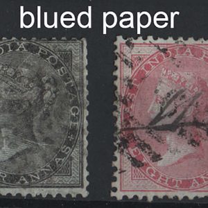 #865 India 1855 4a black on blued paper, ditto 8a carmine on blued fu