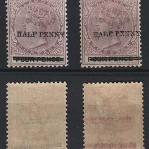 #886 Lagos 1893 ½d on 4d dull mauve & black fine um + fm partial doubling of H w red offset of ovpt