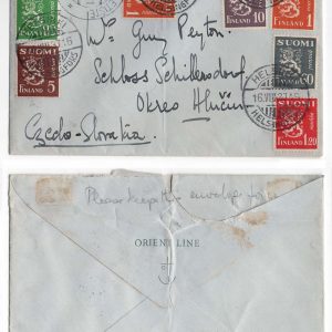 #126 Finland 1937 Multiple franking cover Helsinki to Czechoslovakia, Orient Line envelope