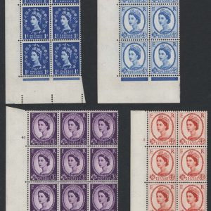 #649 GB 1958 White paper cyl blocks um:1d 4 dot, 4d 16 no dot + cream paper 3d 41 no dot +++