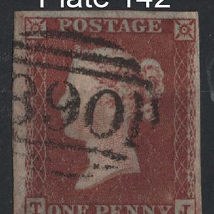 #208 GB 1841 1d red plate 142 TJ vfu 4 large margins sg8