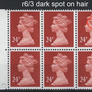 #738 GB 1989 Machin 24p Indian red variety r6/3 dark spot on hair  um positional blk of 6