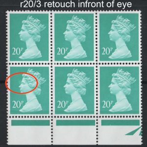 #731 GB 1988 Machin 20p turquoise-green ACP/DEX sgX959 variety r20/3 retouch in front of eye