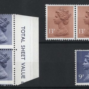 #714 GB 1976 Machin 9p Violet 2B um blk of 4 w good misperf + single w AOP phos wash ++
