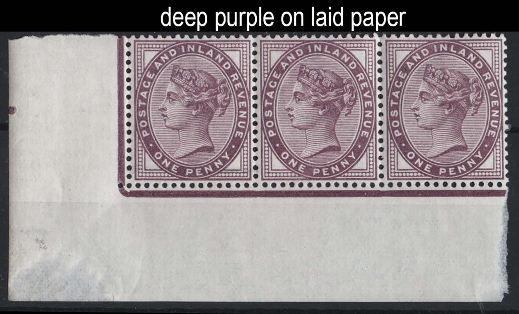 #408 GB 1881 1d deep purple sg172 on Repp paper um corner strip of 3, stamps fine um