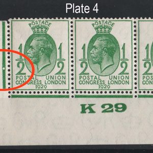 #580 GB 1929 PUC ½d K29 corner strip of 3 from plate 4 um (marginal crease) sg434