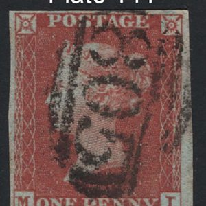 #209 GB 1841 1d red plate 144 MI fu, 4 good margins sg8