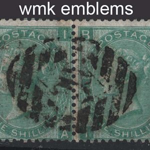 #349 GB 1865 1s green plate 4 wmk emblems sg101 vgu pair, cancelled by a single numeral