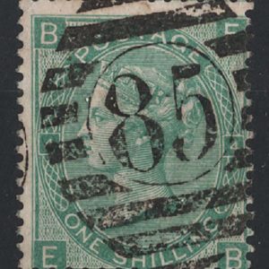 #347 GB 1865 1s green plate 4 wmk emblems sg101 fu, cancelled by a crisp '85' numera