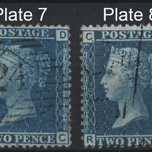 #327 GB 1858 2d blue plates 7 & 8, plate 7 odd nibbled perf otherwise vfu sg45 c£90