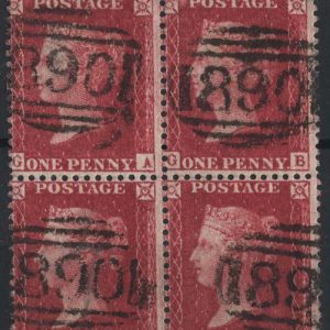 #301 GB 1854 1d deep rose-red fu blk of 4 GA-HB, crisp 890 Windsor numeral cancels sg41