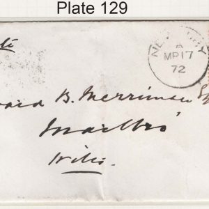 #314 GB 1858 1d plate 129 fu on neat cover, Newbury 1872 duplex sg43