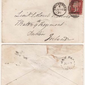 #319 GB 1858 1d plate 138 fu on neat cover, Twickenham 1871 duplex to Dublin H&K PKT on back
