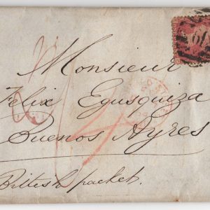 #340 GB 1864 EL to Argentina, franked 1d plate 93, 4d heavy duty marking & 1/7d packet rate