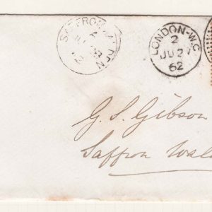 #293 GB 1854 1d red C10 plate 36 NE sg40 vfu on neat 1862 cover to Saffron Walden, W13 duplex