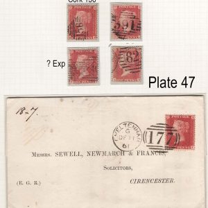 #296 GB 1854 1d red C10 pl 47 vfu on neat printed 1861 EL Cheltenham to Cirencester ++