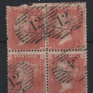 #284 GB 1854 1d red C9 cream tinted paper LC14 pl 27 DH-EI, DH w faults otherwise fu blk of 4