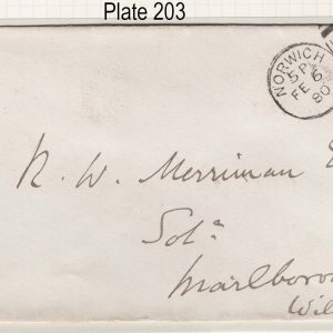 #323 GB 1858 1d plate 203 fu (nice misperf) on neat cover Norwich to Marlborough sg43