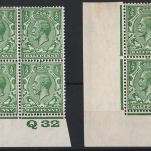 #558 GB 1924 ½d Block Cypher Q32 corner block unplated um + V34 block fm sg418