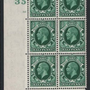 #588 GB 1934 ½d X35 cyl 36 no dot perf EI um corner blk of 6 c£15 as mm sg439