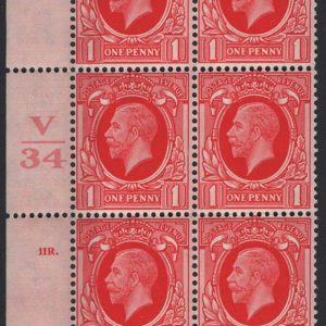 #592 GB 1934 1d lge format V34 cyl 11 dot perf PP cnr blk of 6, stamps um sg440var