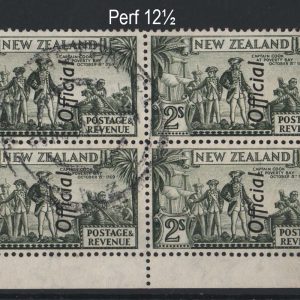 #927 New Zealand 1936 2s olive-green Official perf 12½ sgO132c fu marginal block of 4 c£72