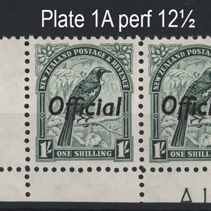 #925 New Zealand 1936 1s deep green Official perf 12½ sgO131b um plate A1 corner pair30